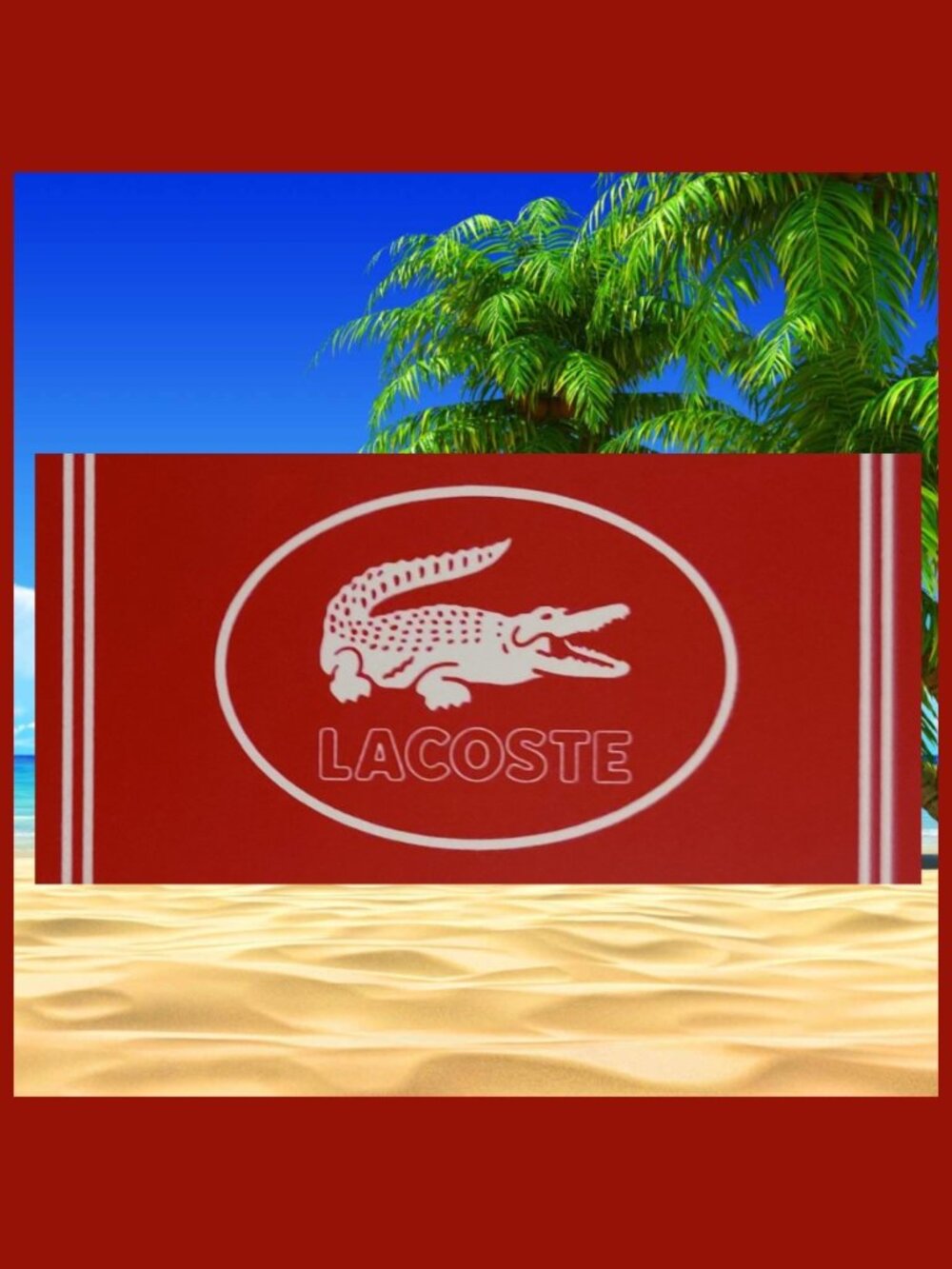 Lacoste Beach Towel - Red & White with Crocodile Logo - 100% Cotton - 36" x 72"